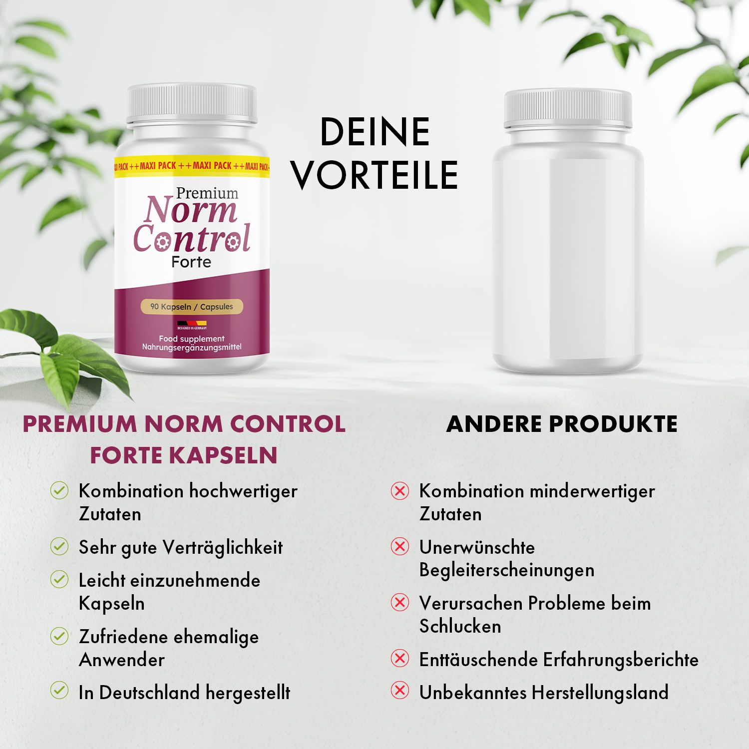 Flasche mit Norm Control Forte Kapseln, 90 Kapseln. Lebensmittel. Hergestellt in Deutschland.