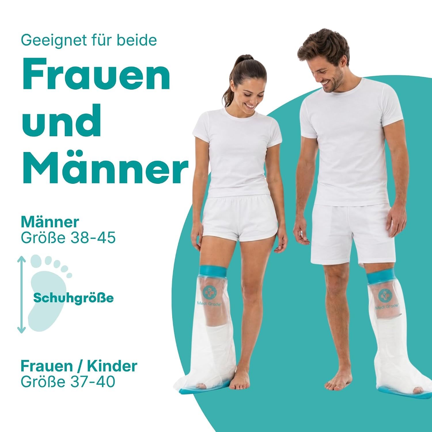 Mann und Frau mit Gipsabdruckschutz für das Bein.