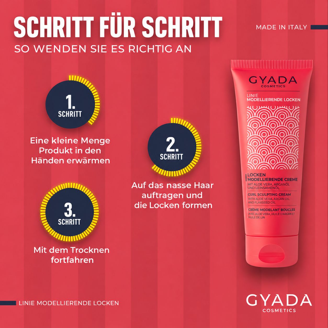 GYADA Cosmetics Inhaltsstoffe: Arganöl, Kokosöl, Leinsamenöl, Aloe Vera.