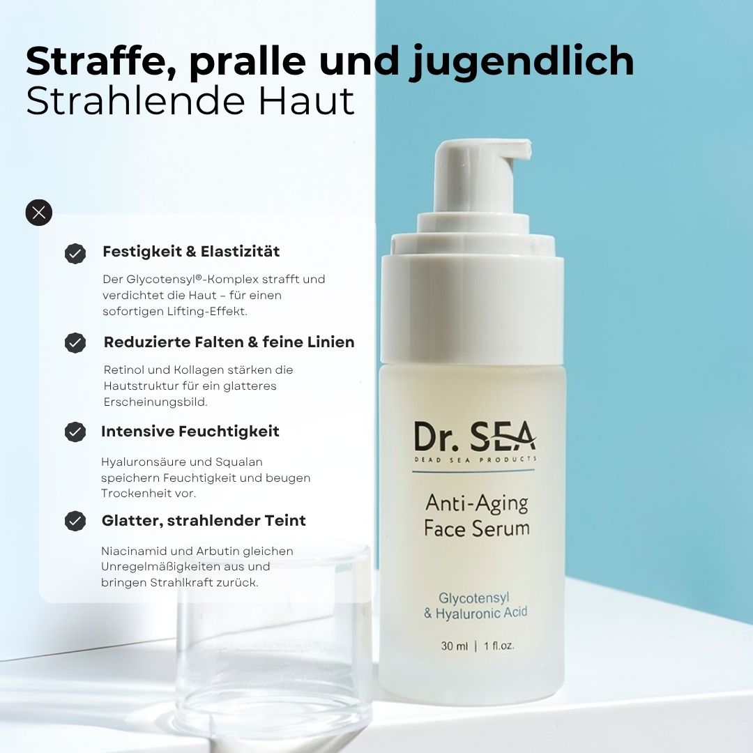 Serumflasche mit Pumpe. Text: Dr. SEA, Anti-Aging Face Serum, Glycotensyl & Hyaluronsäure. Vorteile: Festigkeit, reduzierte Falten, intensive Feuchtigkeit.