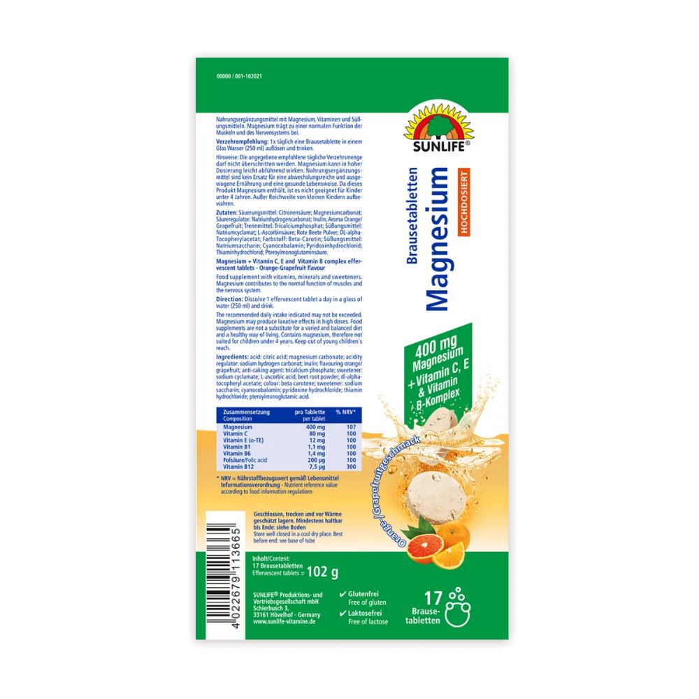 Rückseite der Brausetabletten-Tube mit SUNLIFE-Logo, Magnesium, Vitamin C, E und B-Komplex. 17 Tabletten. Inhaltsstoffe und Nährwerte.