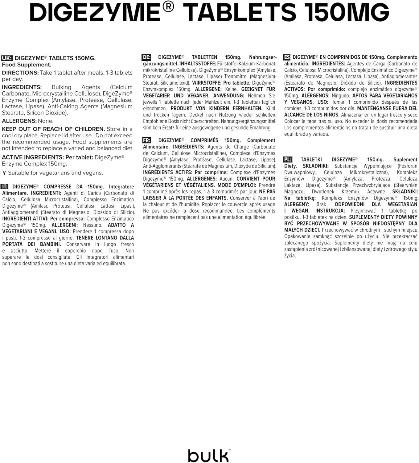 Weißes Etikett mit Text. "DIGEZYME® TABLETS 150MG" und Informationen in verschiedenen Sprachen.