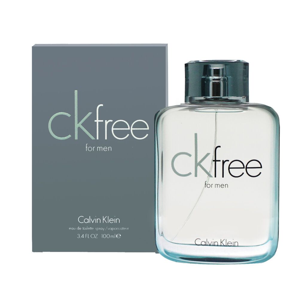 Flakon und Schachtel von ckfree for men. Aufschrift: ckfree for men, Calvin Klein. Flakon transparent, Schachtel grau.