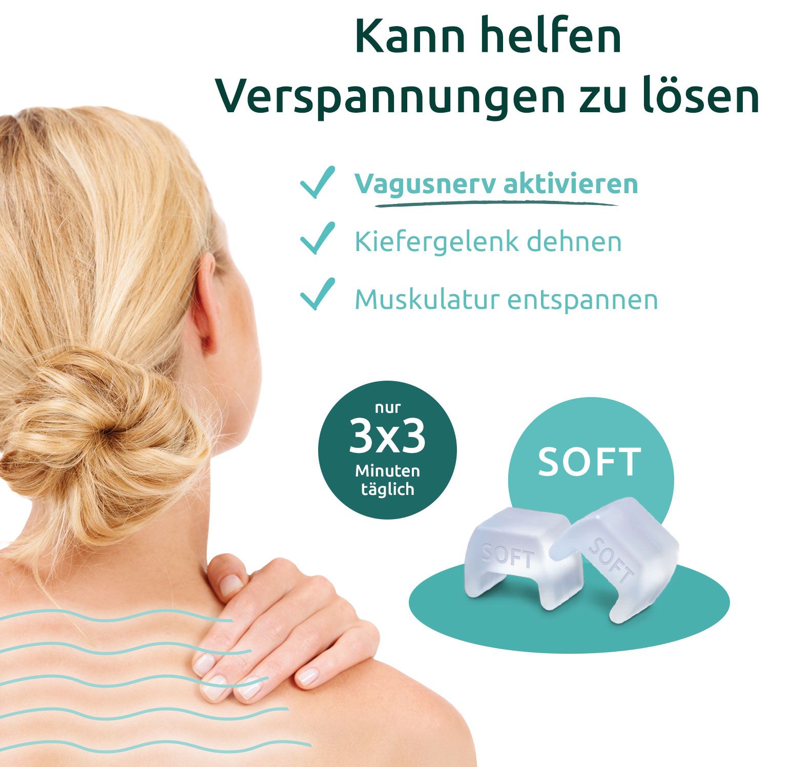 Zwei TJ-Motion Soft Produkte. Text: „Kann helfen Verspannungen zu lösen“.  Kreis mit „3x3 Minuten täglich“. 
