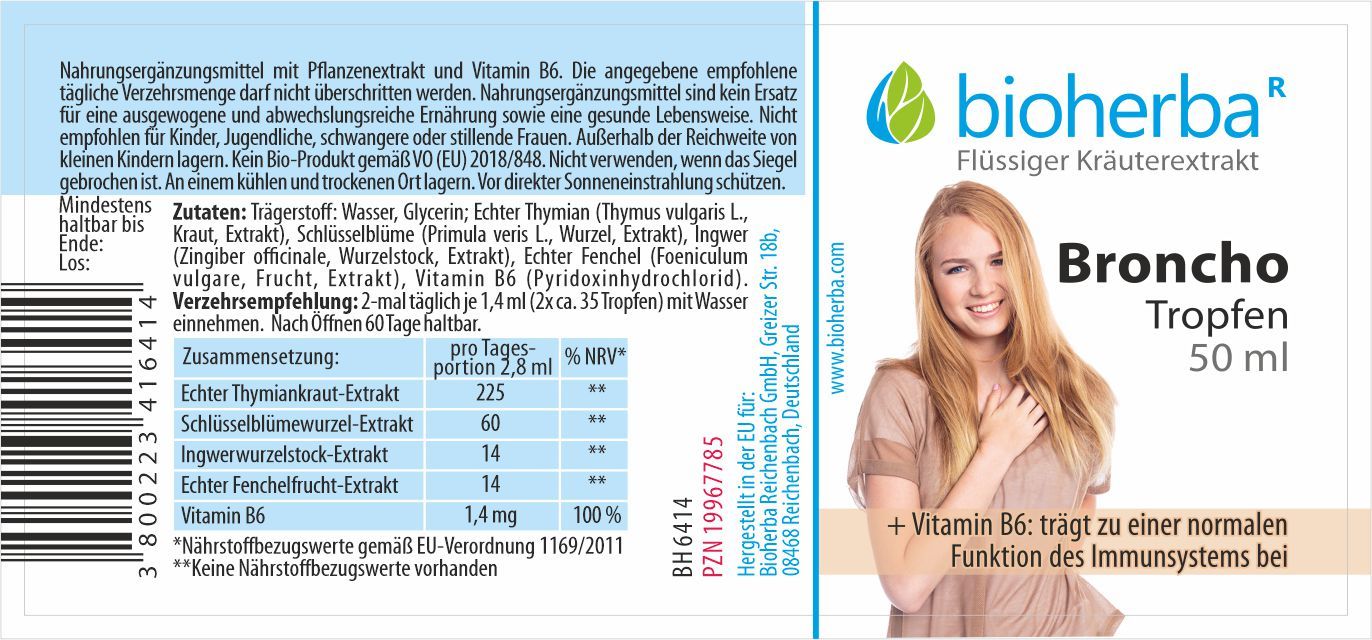 Bioherba Broncho Tropfen 50 ml, flüssiger Kräuterextrakt mit Vitamin B6.