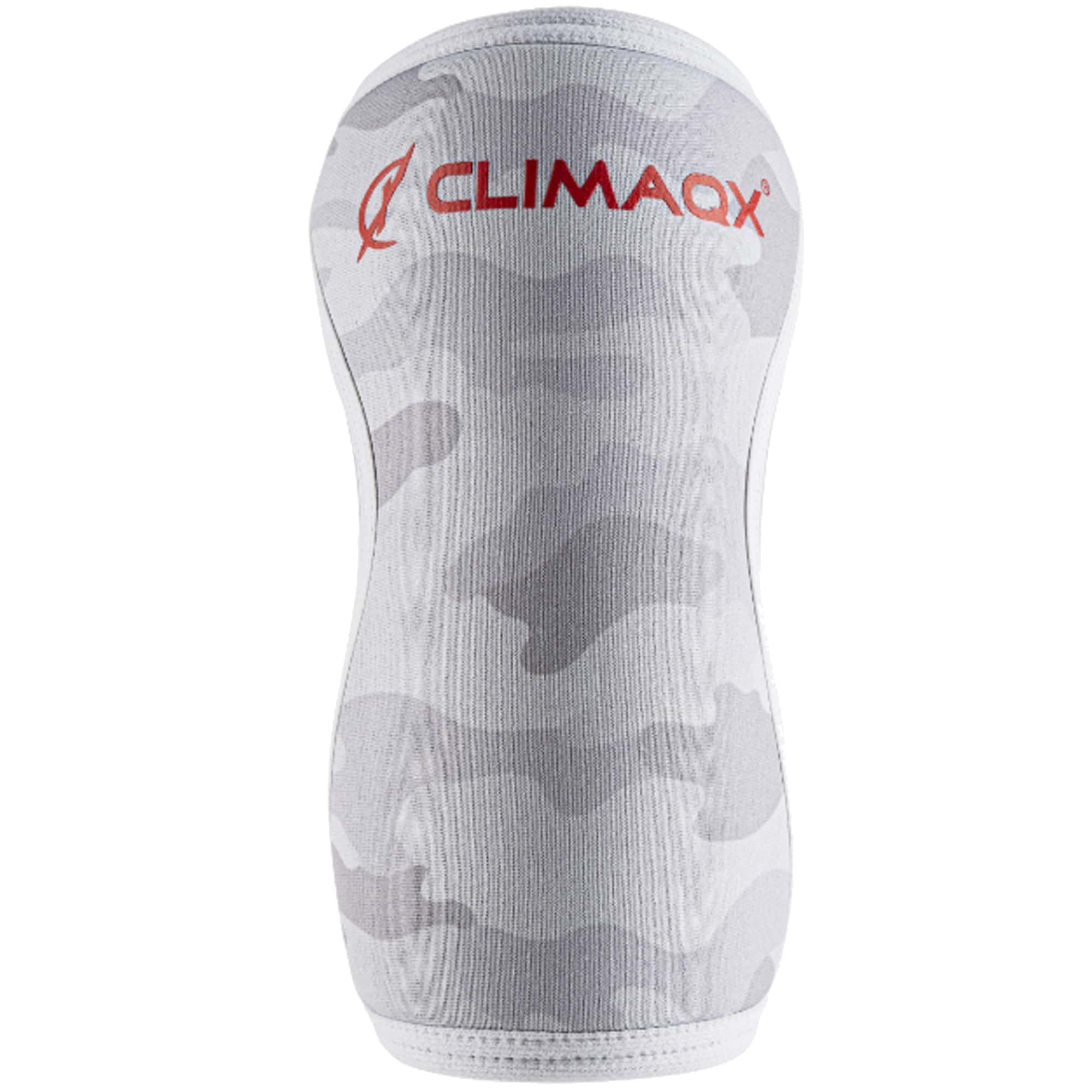 Kniebandage mit Tarnmuster. Oben steht in Rot CLIMAQX. Das Produkt hat eine ergonomische Form und ist aus Stoff gefertigt.