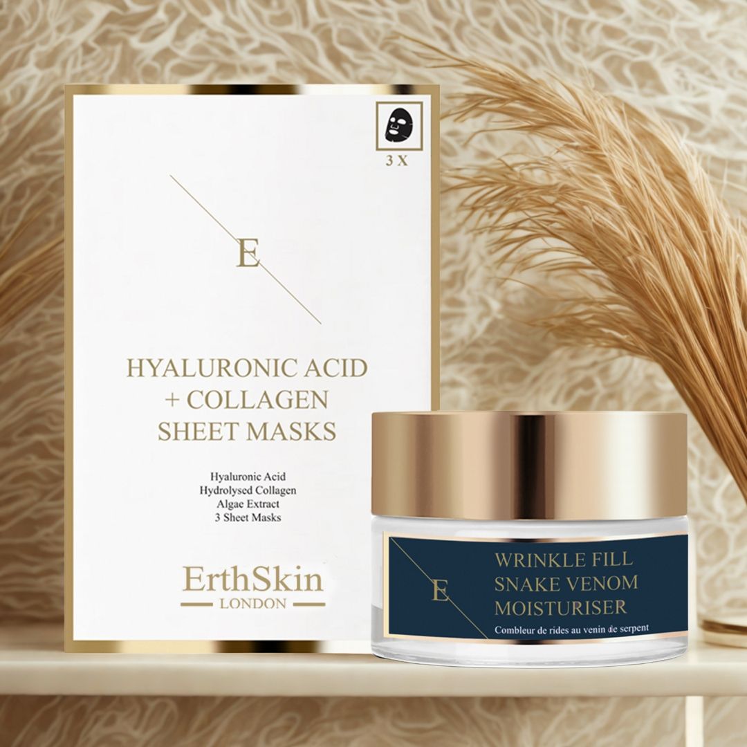 Creme-Tiegel und Maskenpackung. Aufschrift: ErthSkin London. Maskenpackung mit 3 Masken. Aufschrift: Faltenauffüllende Schlangengift-Feuchtigkeitscreme.