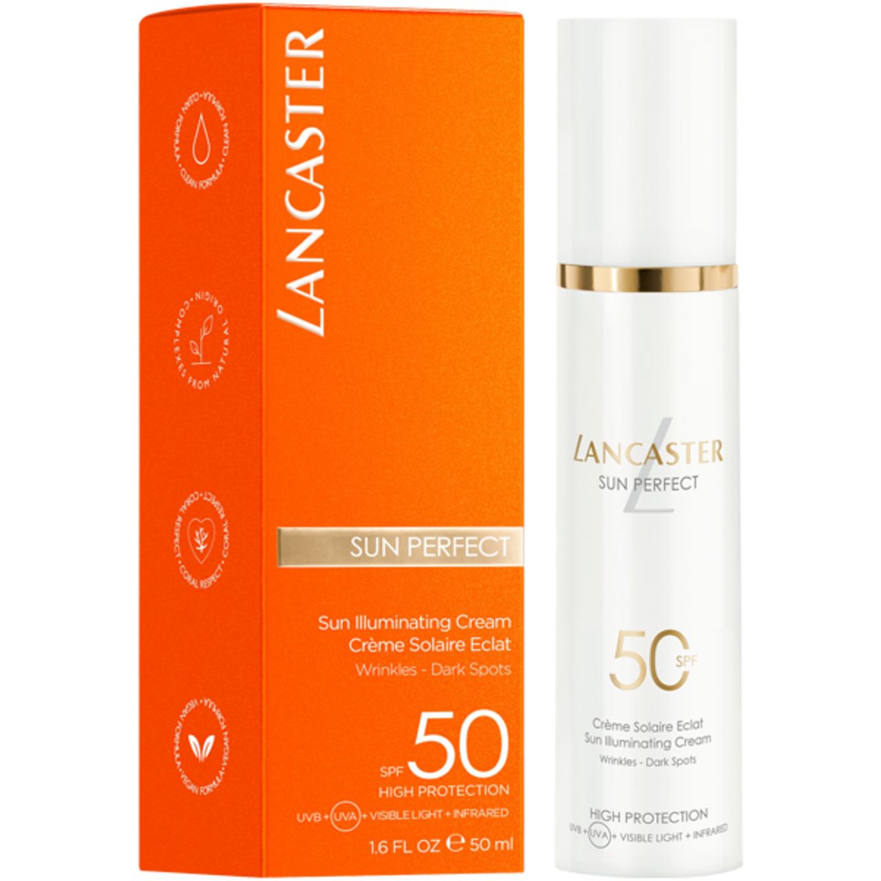 Orangefarbene Verpackung und weiße Tube. Aufschrift: Lancaster Sun Perfect, Crème Solaire Eclat, SPF 50. Gegen Falten und dunkle Flecken.