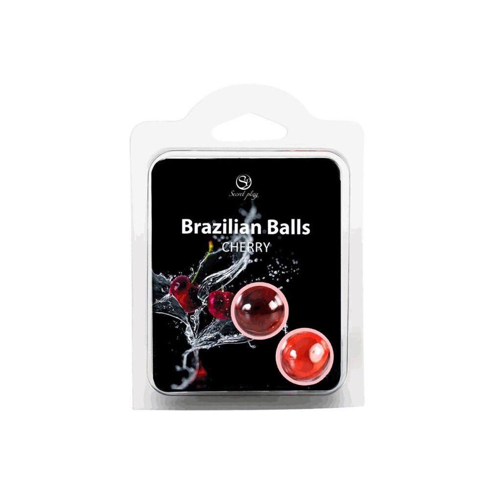 Verpackung mit zwei roten Kugeln, Kirschen und Spritzwasser-Design. Produktname: Brazilian Balls Cherry.