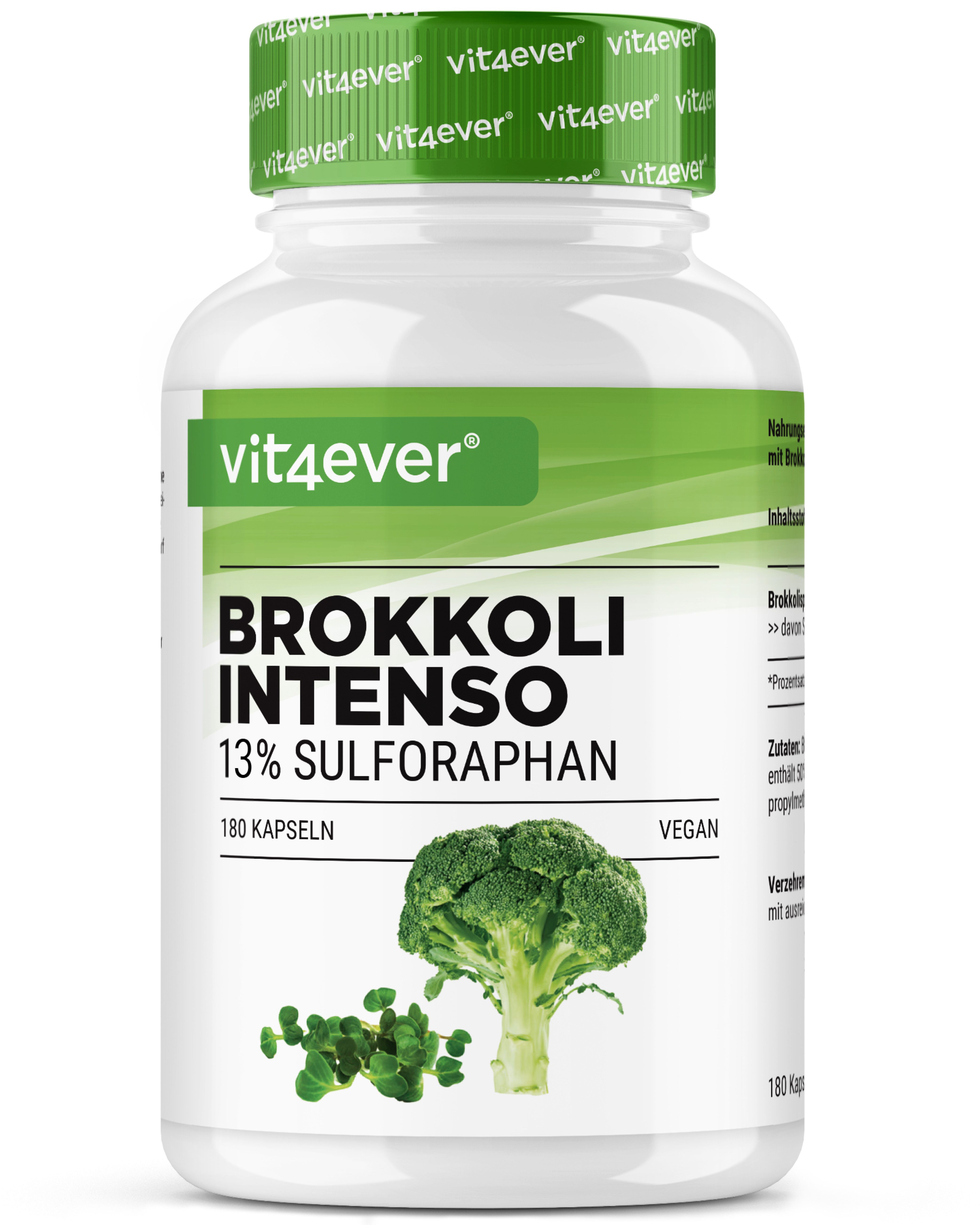 Brokkoli Extrakt Kapseln von vit4ever. Weiße Flasche mit grünem Deckel und Etikett. Aufschrift: Brokkoli Intenso 13% Sulforaphan. 180 Kapseln.