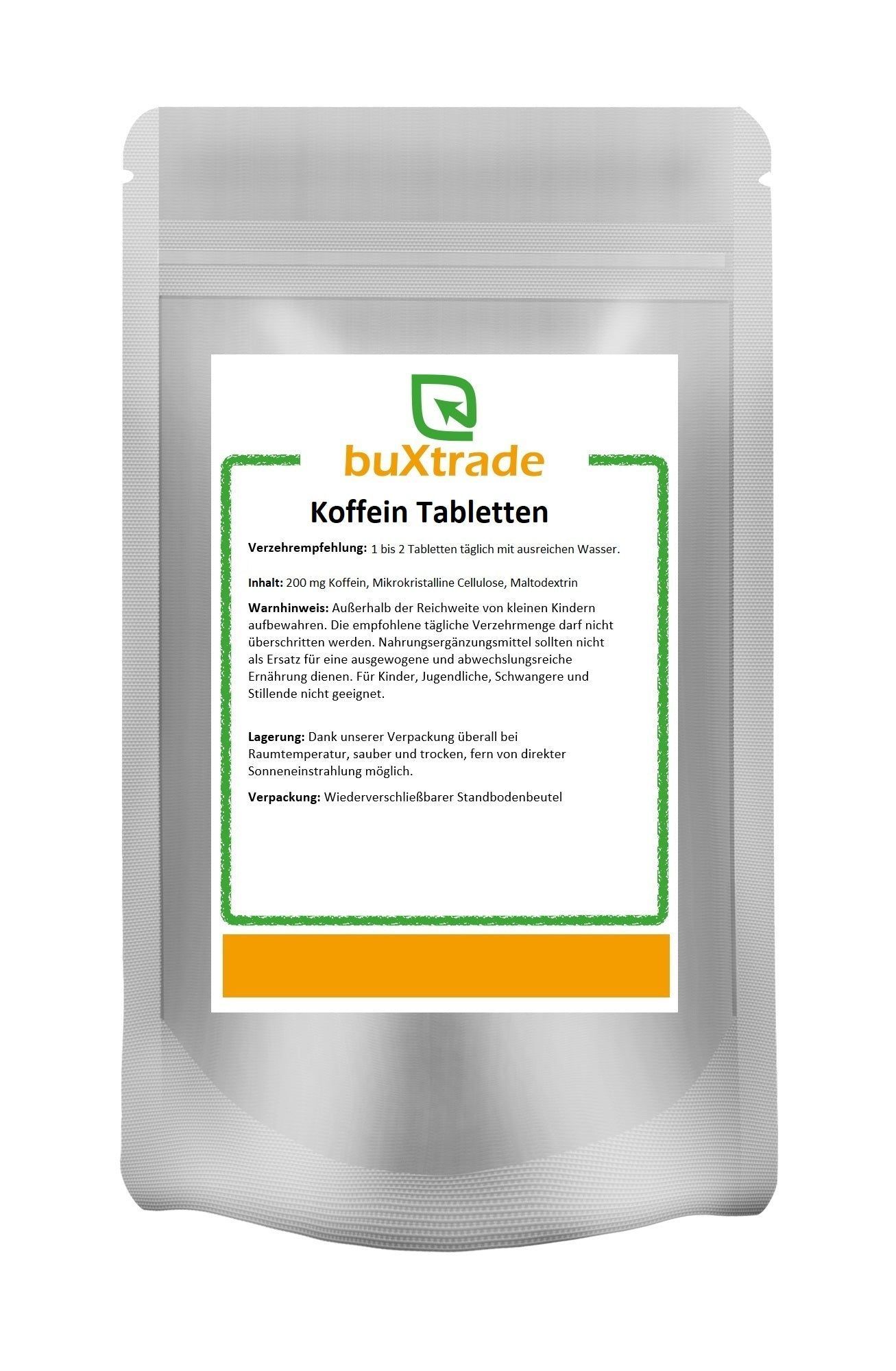 Beutel mit "buXtrade Koffein Tabletten"-Etikett. Grün umrandet, Text in Deutsch. Enthält Informationen zu Inhaltsstoffen und Dosierung.