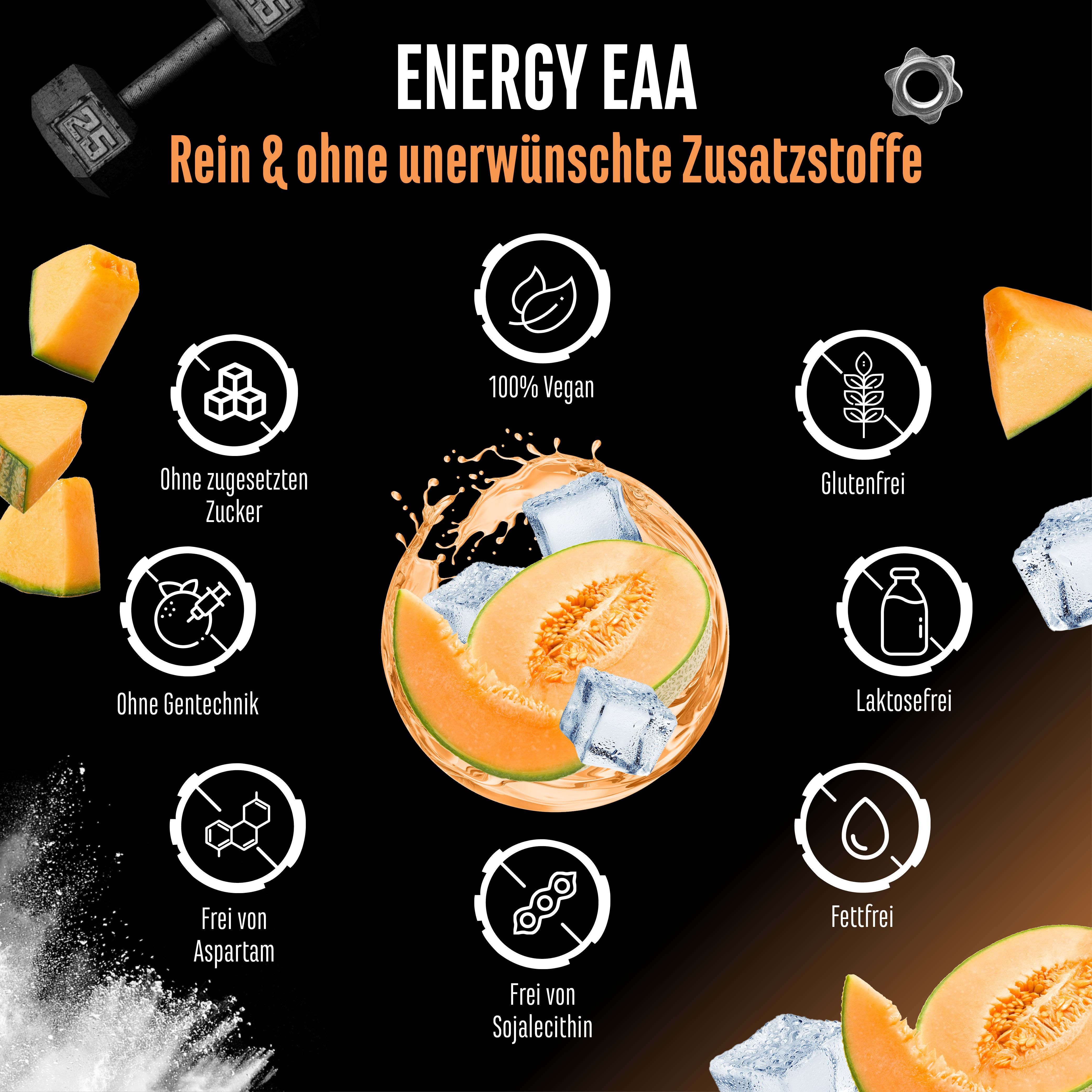 Grafik mit Icons: Ohne Zucker, ohne Gentechnik, frei von Aspartam, ohne Sojalecithin, 100% Vegan, glutenfrei, laktosefrei, fettfrei.