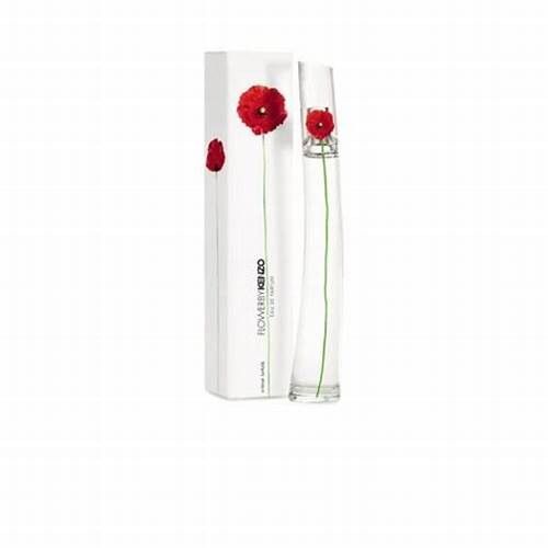 Kenzo Flower Eau de Toilette. Flakon und Verpackung mit roter Blume. Weißer Hintergrund.