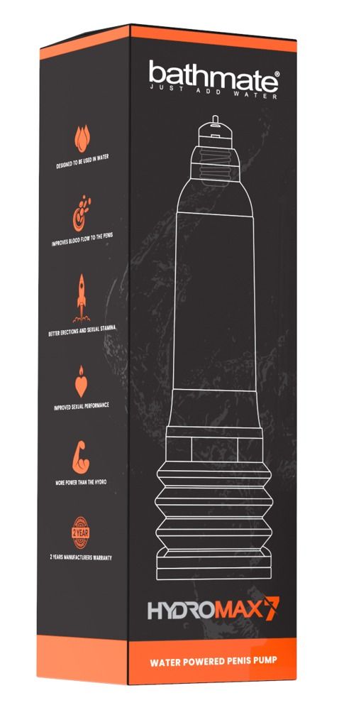 Schwarze Verpackung mit orangefarbenen Akzenten. Zeigt eine schematische Darstellung des Produkts und den Schriftzug "HYDROMAX 7".