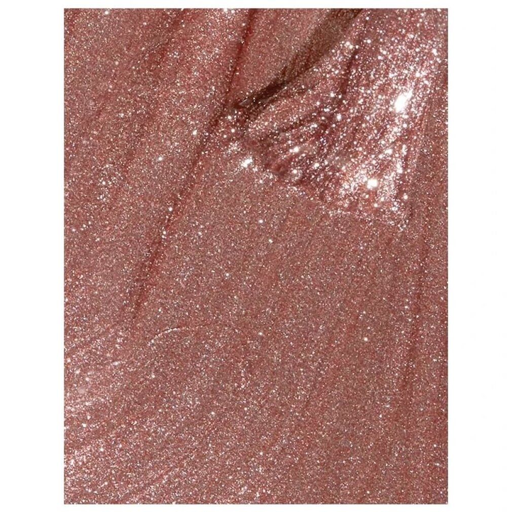 Nahaufnahme von rosa-goldenem Nagellack. Glitzerpartikel sichtbar.