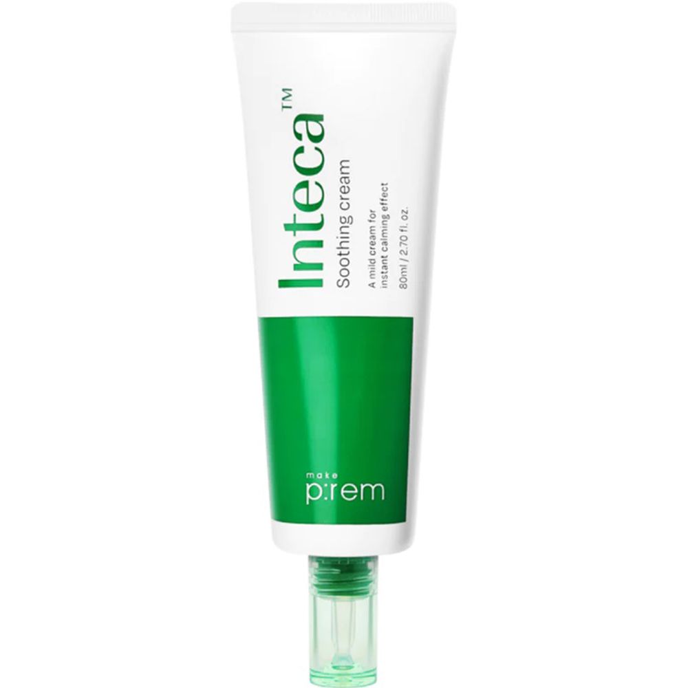 Weiße Tube mit grünem Streifen und Schriftzug 'Inteca Soothing cream'. Marke: make p:rem. Grüner Verschluss.