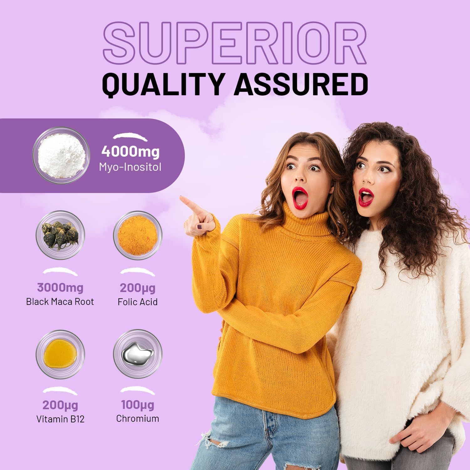 Zwei Frauen zeigen auf Zutaten: 4000mg Myo-Inositol, 3000mg Black Maca Root, 200µg Folsäure, 200µg Vitamin B12, 100µg Chrom. Hintergrund lila.