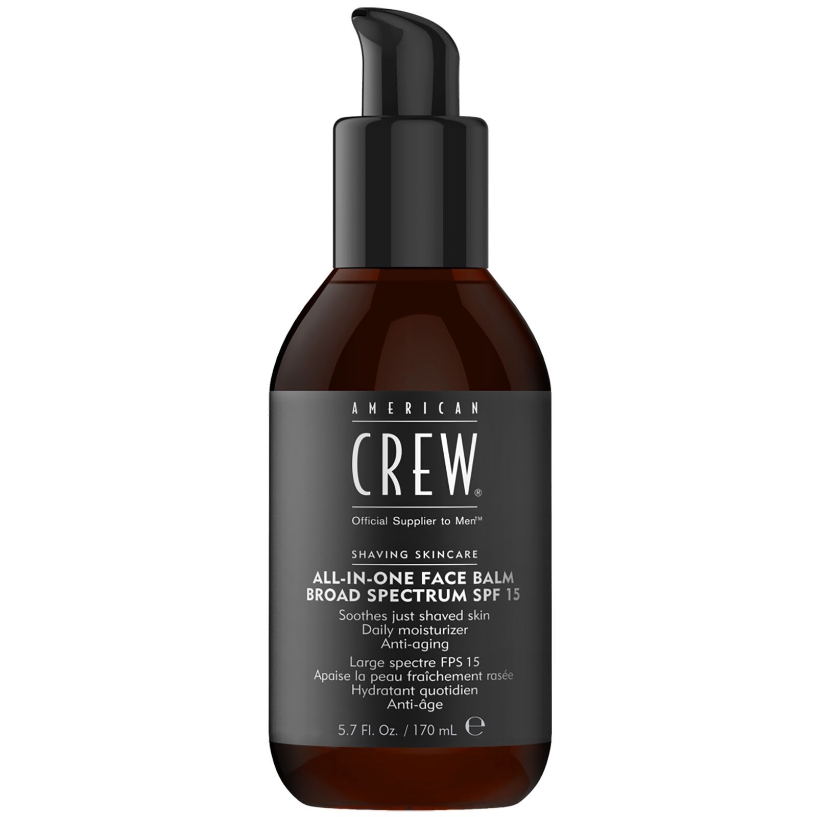 Braune Flasche mit schwarzer Pumpe. American Crew All-In-One Face Balm SPF 15.