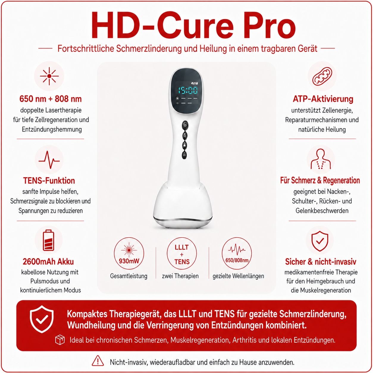 Infografik: HD-Cure Pro Laser- und TENS-Therapie für Schmerz und Heilung.
