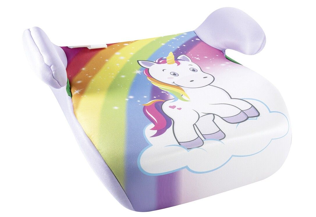 Kindersitz mit Einhorn-Motiv, Regenbogen. Weiß, lila und farbig. Ohne Text.