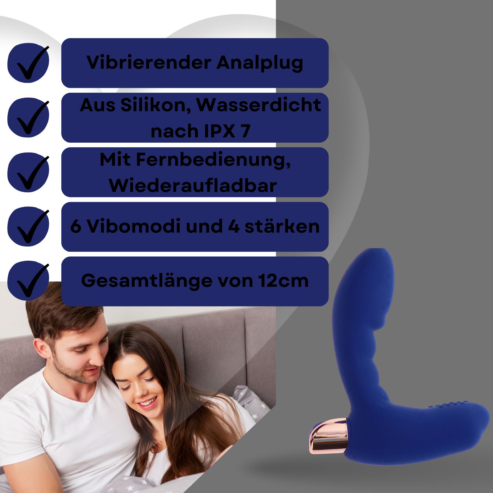 Blauer Analplug mit goldfarbenem Akzent. Mit Fernbedienung. 6 Vibrationsmodi und 4 Geschwindigkeiten.