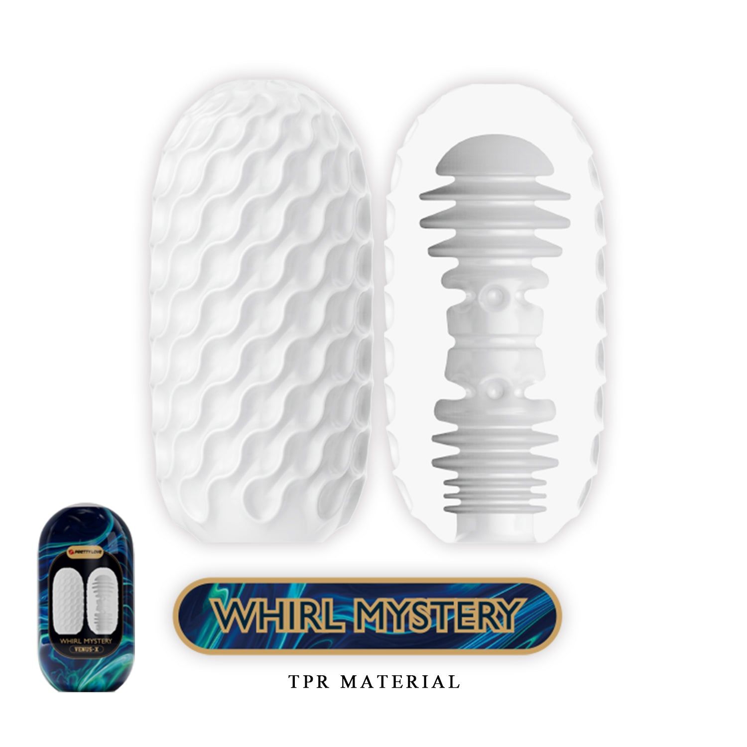 Weißes, ovales Produkt mit wellenförmiger Oberfläche. Daneben ein Produkt mit blau-grüner Verpackung, Text: VENUS-X, PRETTY LOVE.