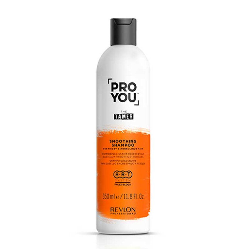 Weiße Flasche mit schwarzem Deckel. Aufschrift: PRO YOU THE TAMER, Smoothing Shampoo. Orangefarbener Streifen. Revlon Professional.