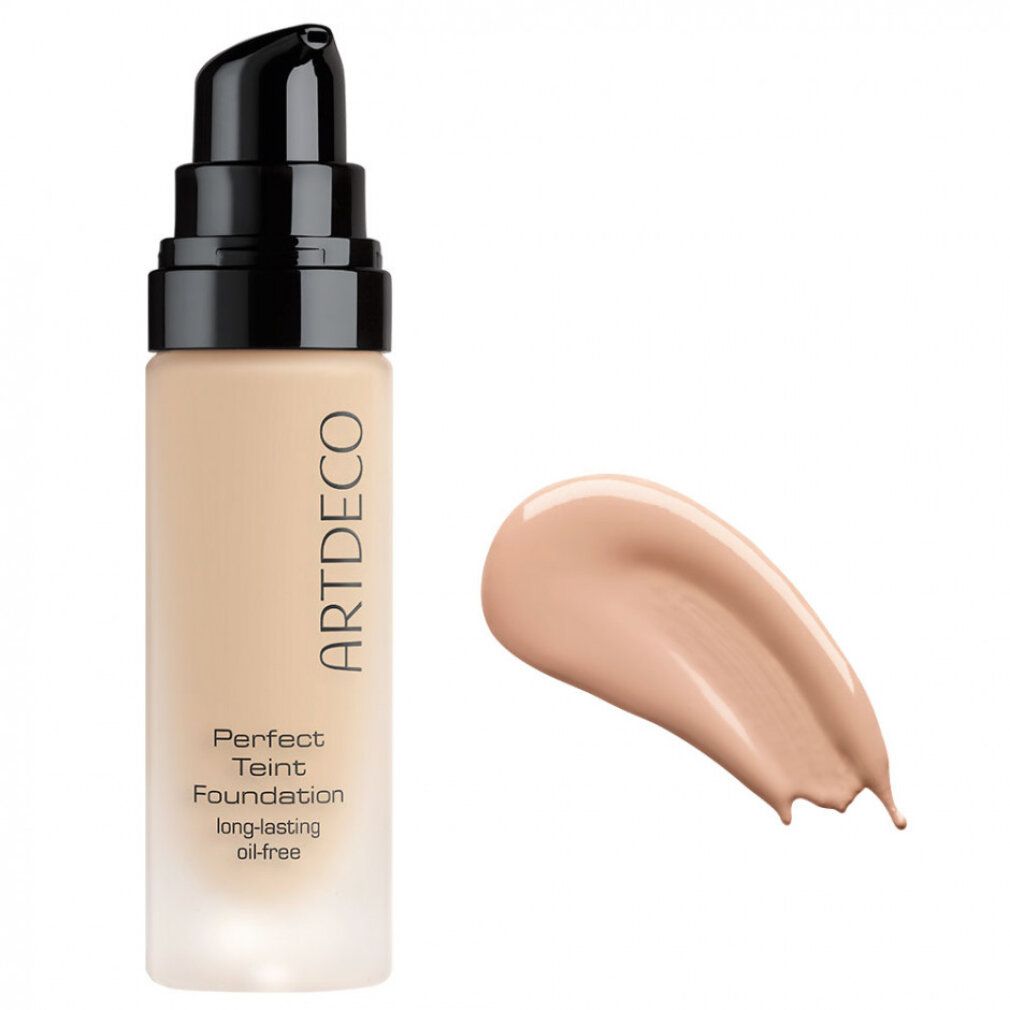 Foundation-Flakon mit schwarzem Pumpverschluss und Farbprobe. Aufschrift: ARTDECO, Perfect Teint Foundation, long-lasting, oil-free.