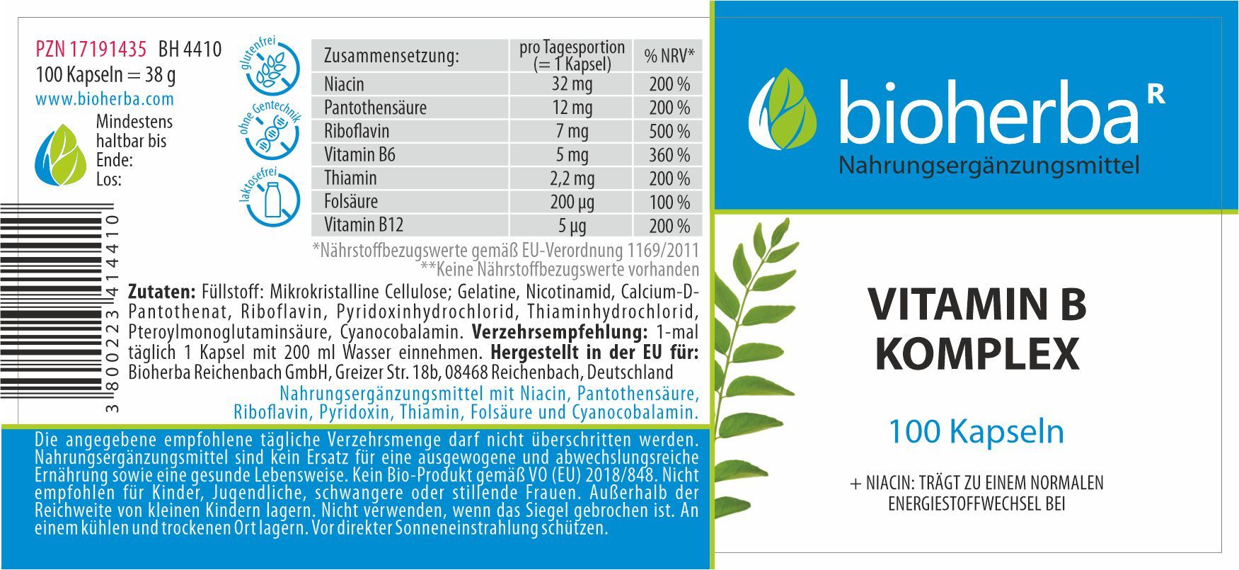 Etikett mit Produktinformationen. Enthält Angaben zu Inhaltsstoffen und Nährwerten. "Bioherba Vitamin B Komplex 100 Kapseln".