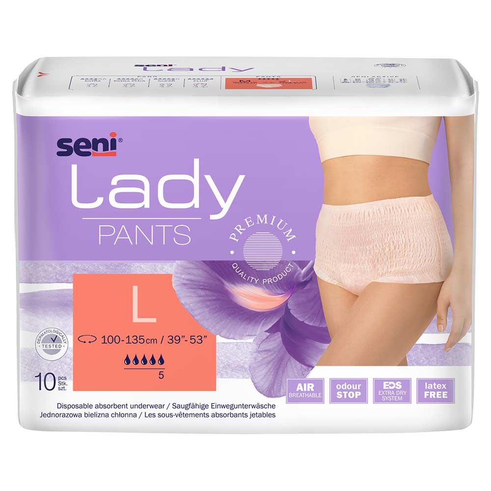 Verpackung Seni Lady Pants L. Größe L, 10 Stück. Produktabbildung mit Frau. Aufdrucke: Premium Quality, Air, Odour Stop, EDS, Latex Free.