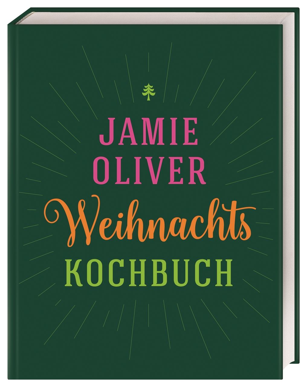 Buchcover: Grüner Hintergrund, Titel "Weihnachts Kochbuch" von Jamie Oliver. Grünes Tannenbaum-Symbol.