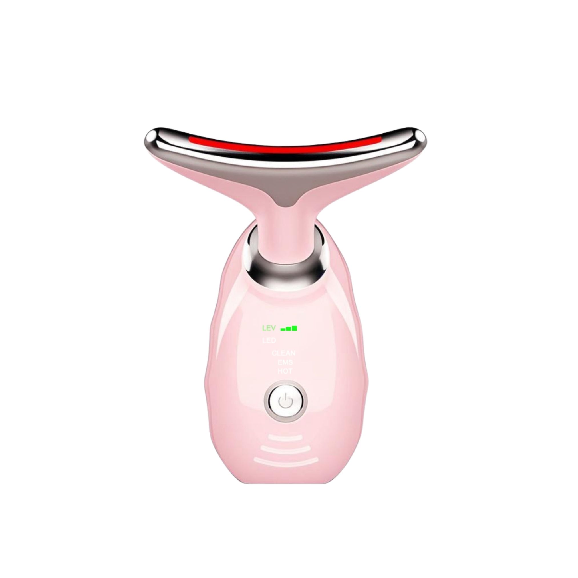 Pinkes Massagegerät für Gesicht und Nacken mit silbernen Akzenten und roter LED-Leiste.