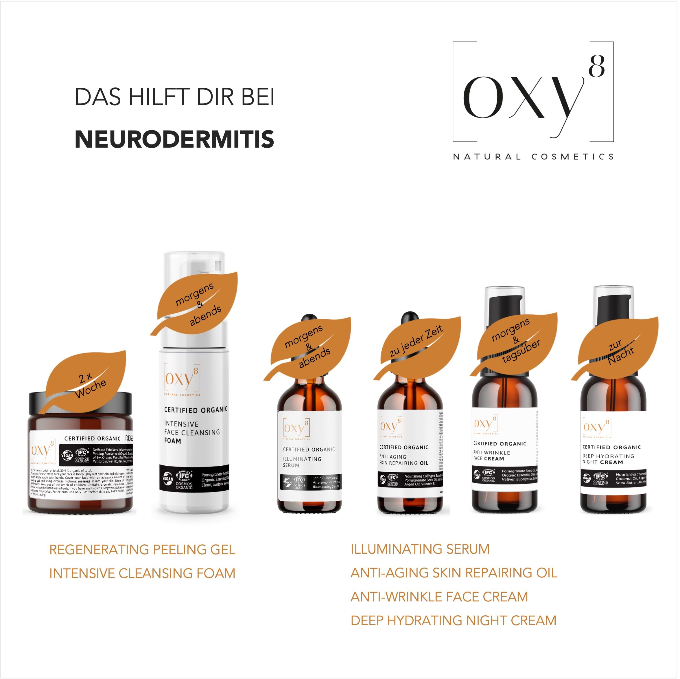 Sechs Kosmetikprodukte von oxy8 Naturkosmetik. Braune Glasflaschen und Tiegel mit weißen Etiketten. Zertifizierungen sind sichtbar.