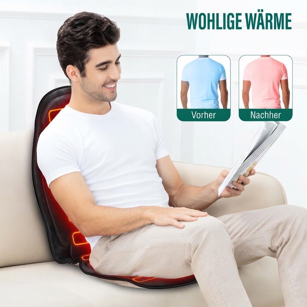 Massageauflage mit Wärme für Rücken und Sitzfläche, 6 Massageknoten.