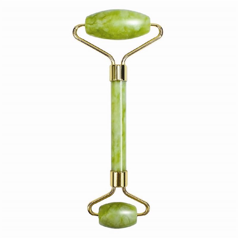 Grüner Jade-Roller mit goldfarbenen Halterungen. Der Roller hat zwei Rollköpfe und einen Griff.
