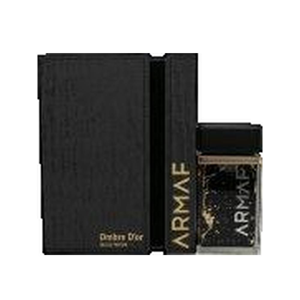 Schwarze Parfumflasche und Verpackung. Aufschrift: ARMAF, Ombre d'Or. Rechteckige Form.