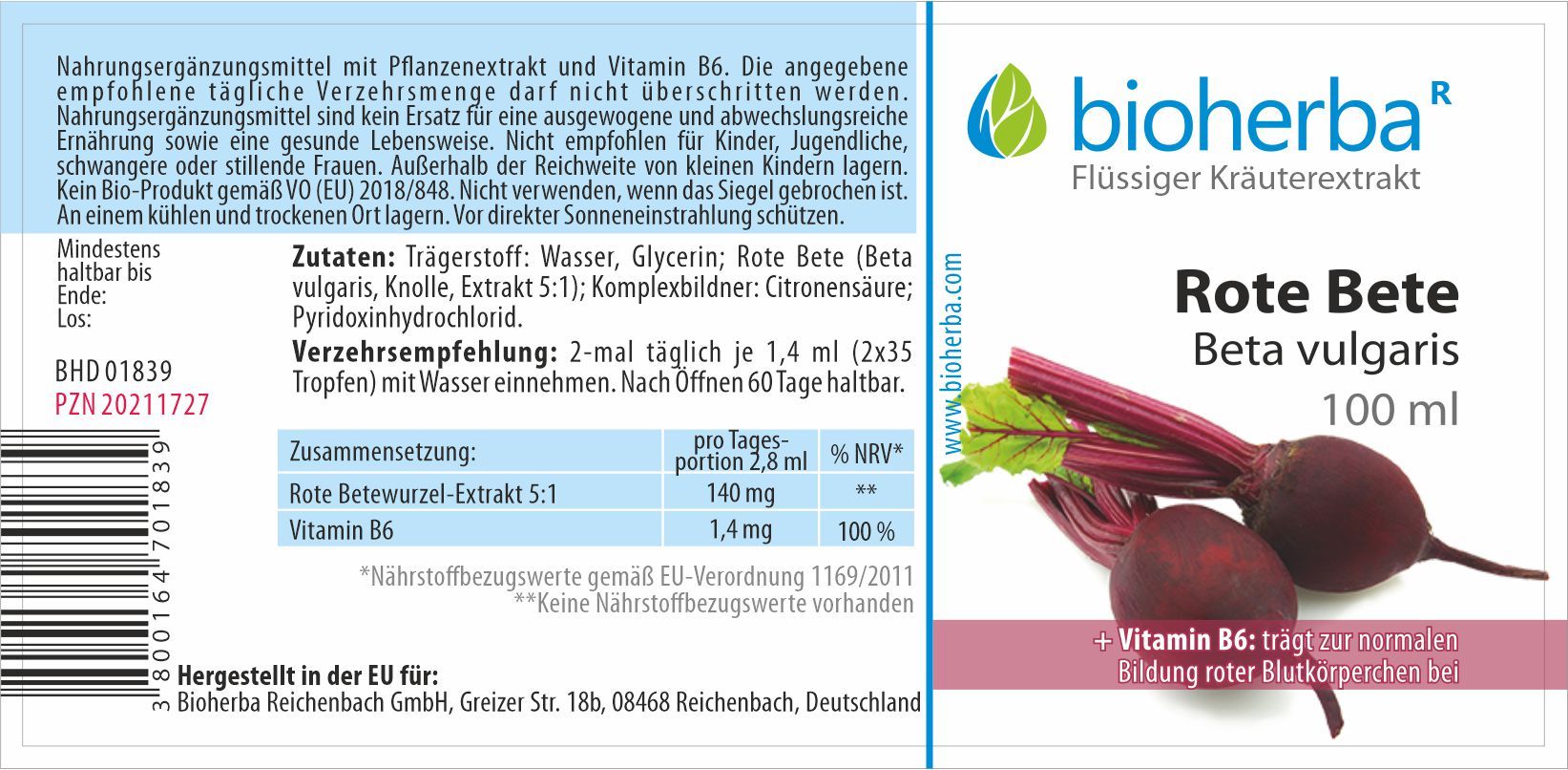 Etikett mit Produktinformationen. Bioherba Rote Bete Beta vulgaris Tinktur. Zutaten, Verzehrempfehlung, Nährwertangaben. Rote Bete-Abbildung.