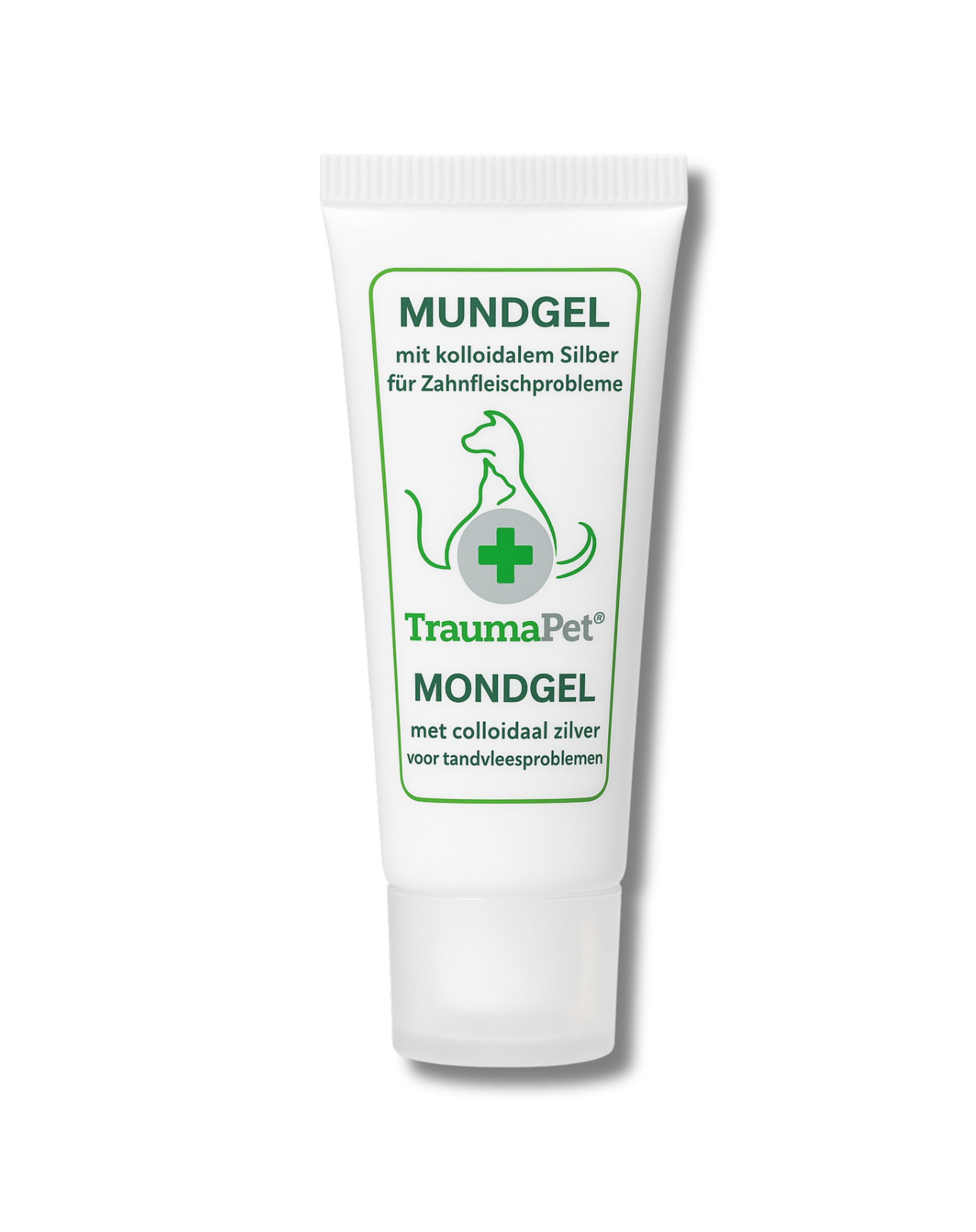 Tube Mundgel mit Logo und Text: Mundgel mit kolloidalem Silber für Zahnfleischprobleme. Weißer Hintergrund.