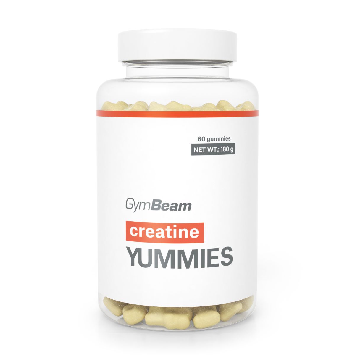 GymBeam Kreatin Monohydrat Yummies in einem transparenten Behälter mit 60 Gummibonbons.