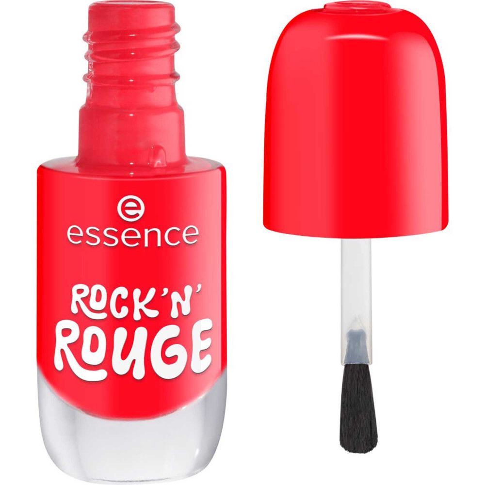 Roter Nagellack, Flasche geöffnet, Pinsel sichtbar. Marke "essence", Schriftzug "ROCK'N' ROUGE".