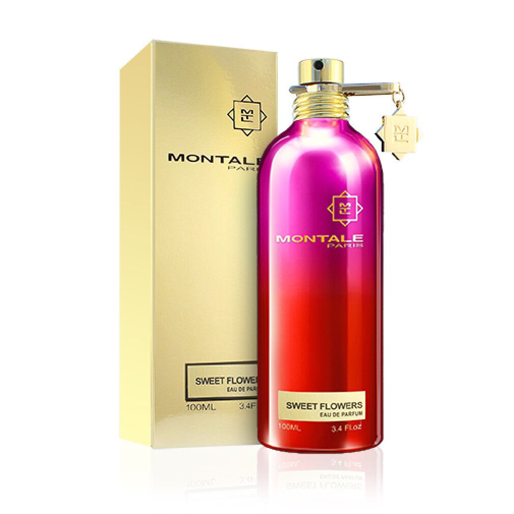 Montale Sweet Flowers Edp Spray mit Verpackung. Farbverlauf von Pink nach Rot. Goldener Verschluss. Goldene Verpackung.