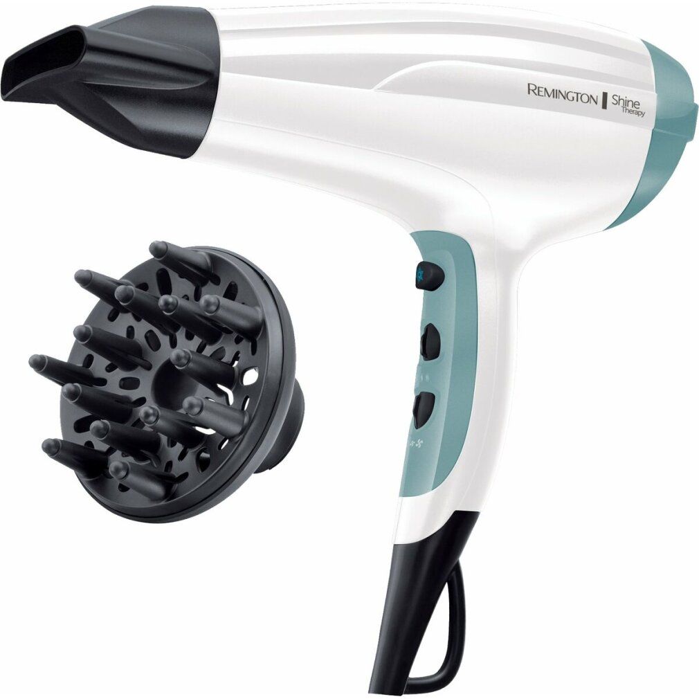 Weißer Haartrockner mit schwarzem Diffusor. Marke Remington. Blaue Akzente. Drei Knöpfe.