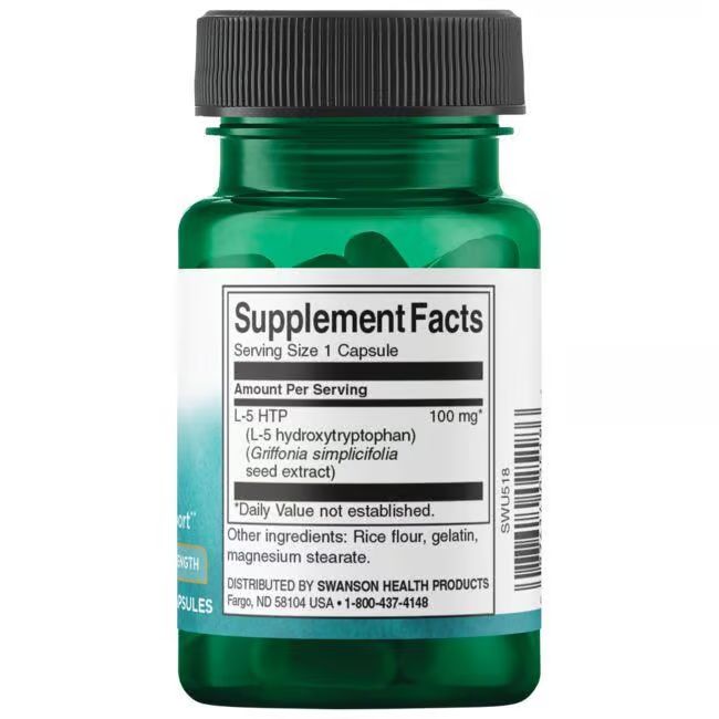 Rückseite der grünen Flasche. Aufschrift: Supplement Facts, 100 mg L-5 HTP, Zutaten, Swanson Health Products.