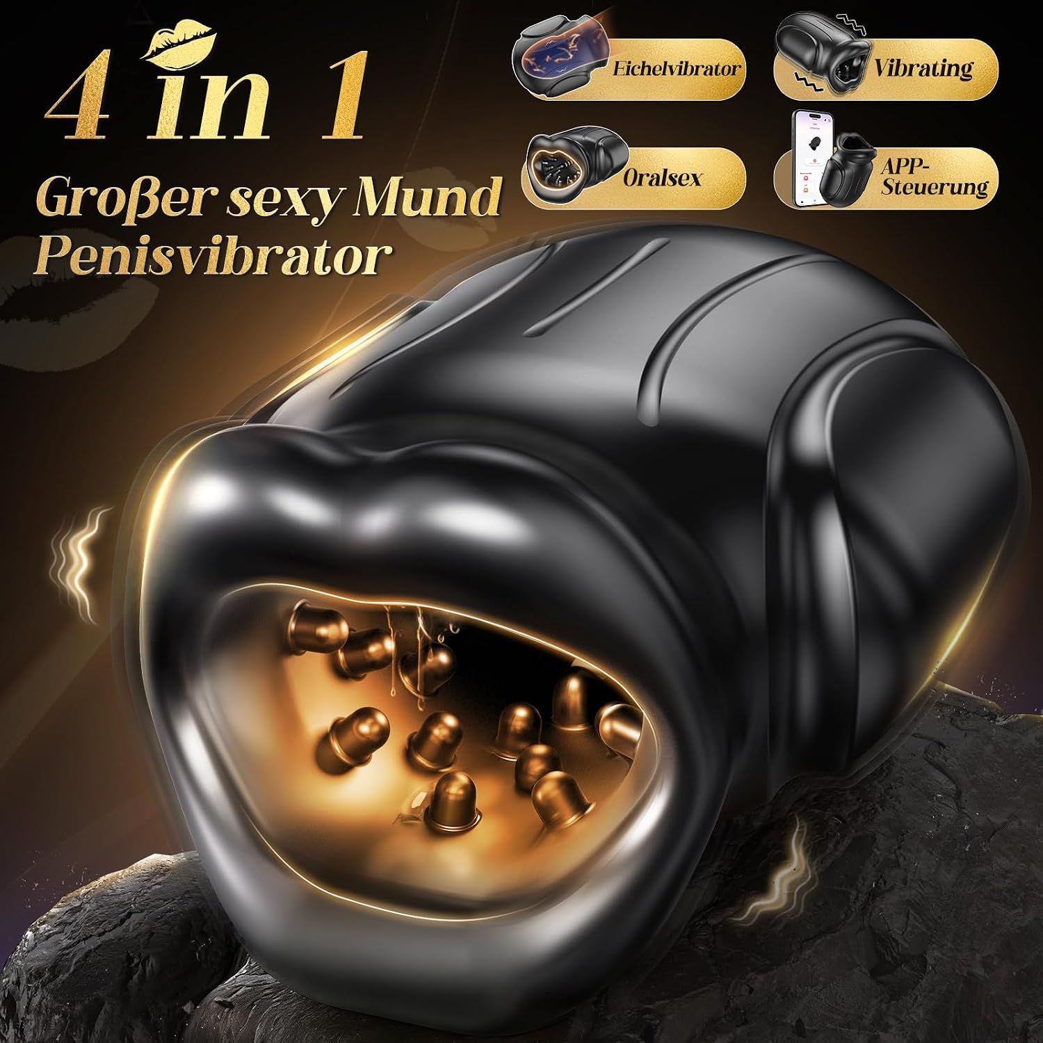 Schwarzer Mund-Vibrator mit 4 Modi: Eichelvibrator, Vibrating, Oralsex, App-Steuerung.