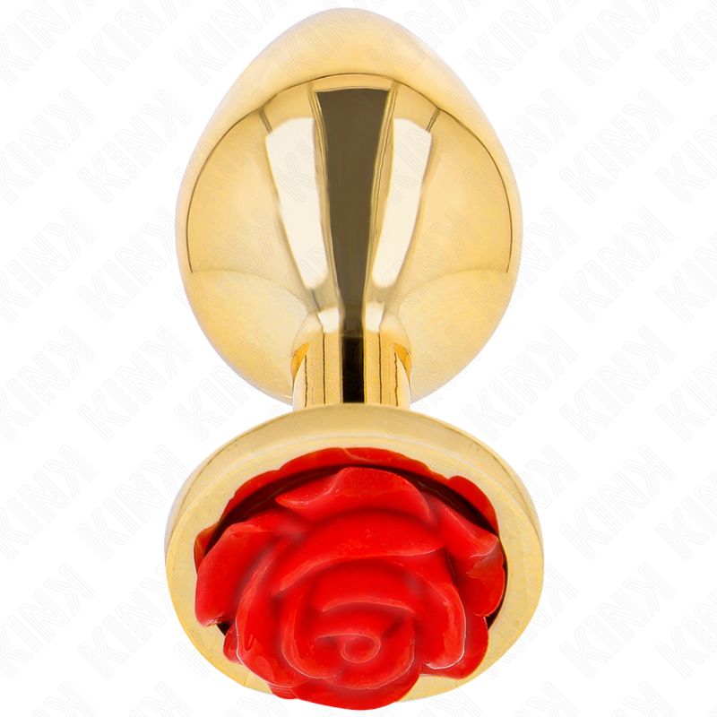 Goldfarbener Analplug mit roter Rosenbasis, Draufsicht.