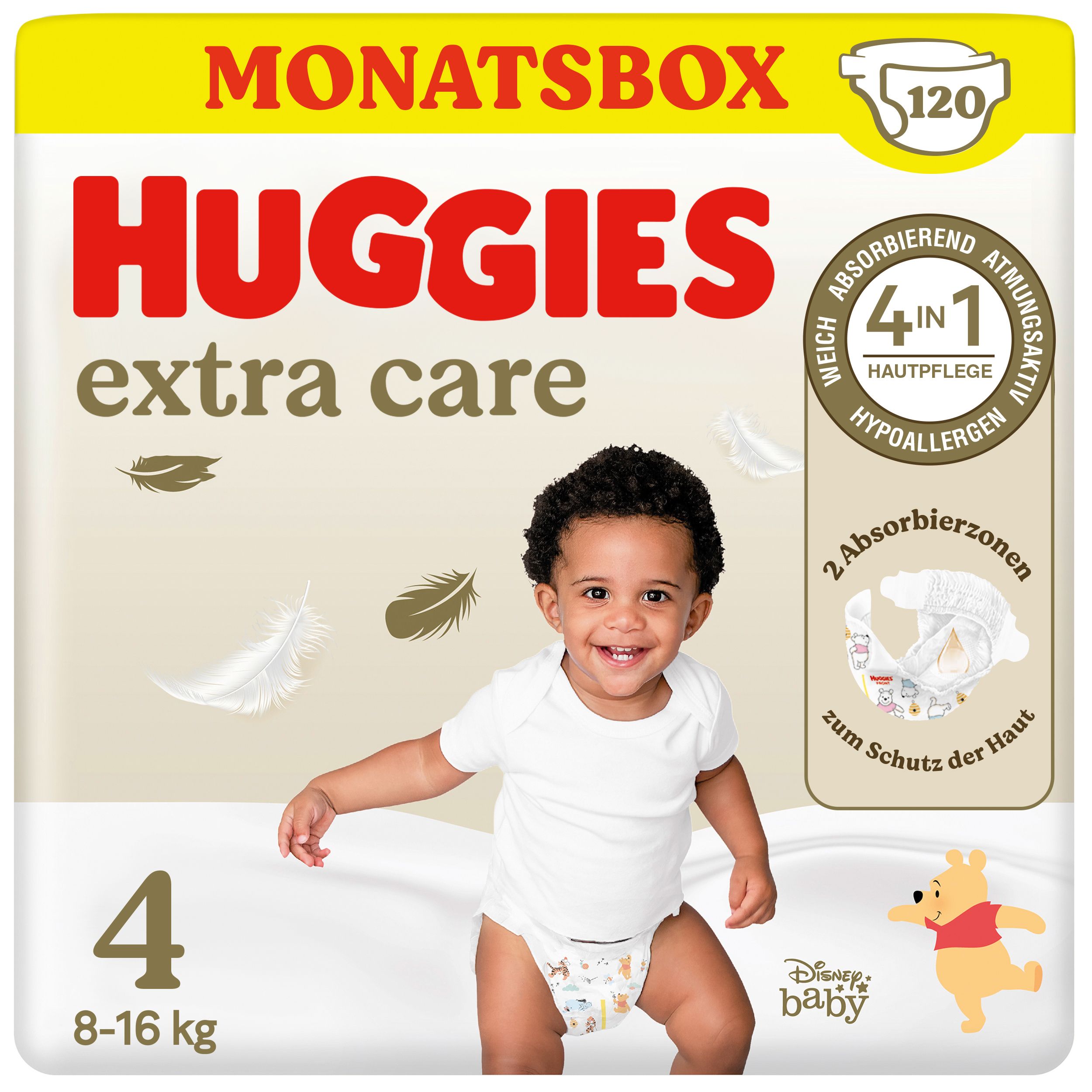 Huggies Extra Care Windeln Größe 4, Monatsbox. Verpackung mit Baby und Winnie Puuh-Design. 120 Stück. 8-16 kg.