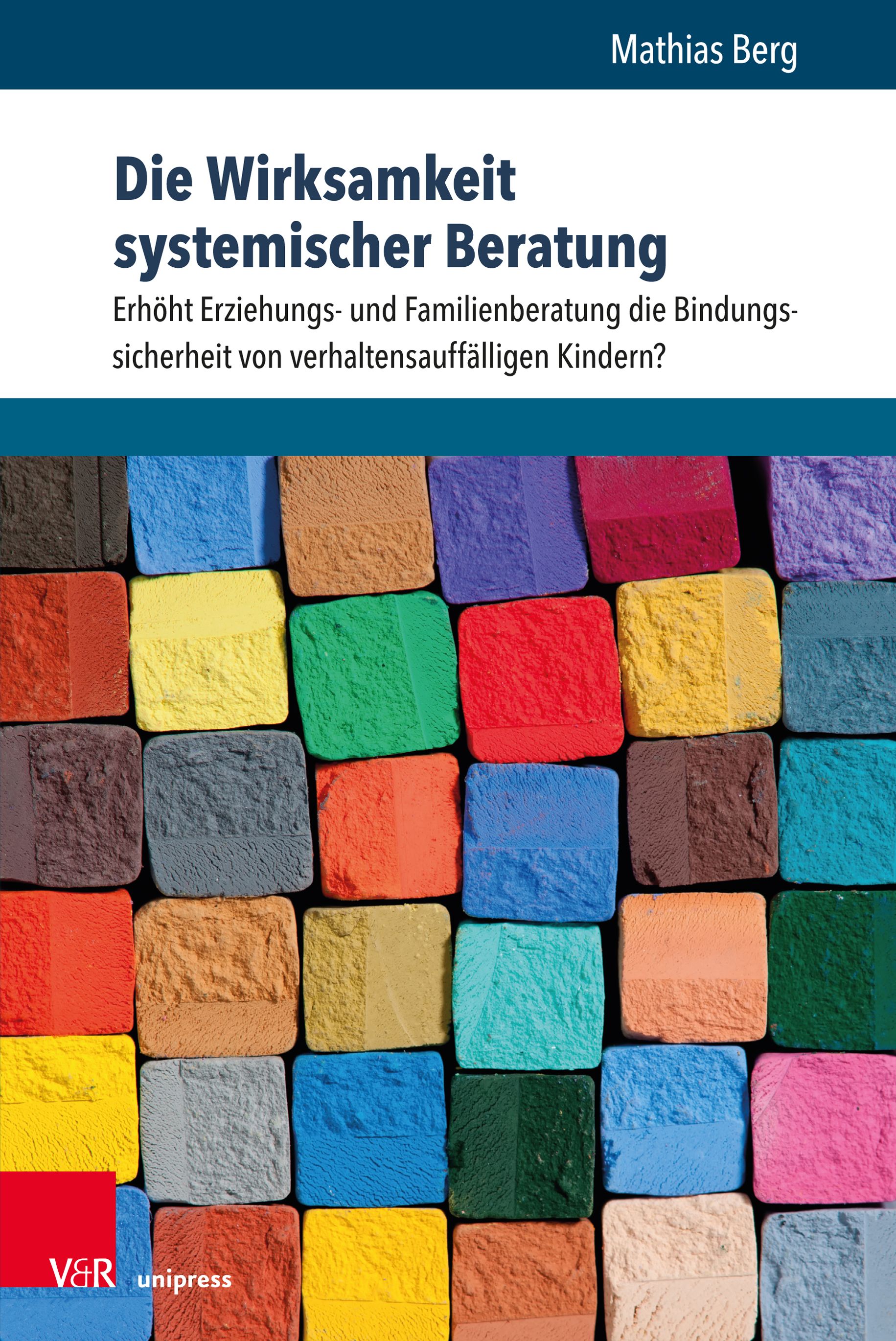 Buchcover: "Die Wirksamkeit systemischer Beratung". Titel, Autor Mathias Berg, V&R unipress. Bunte Quadrate im Hintergrund.
