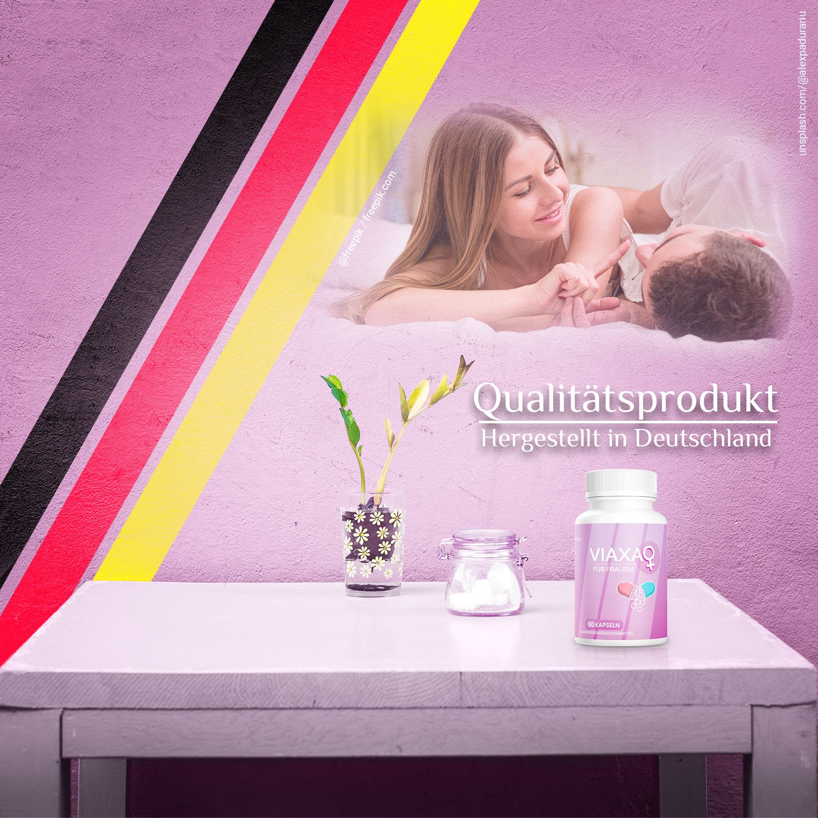 Weißes Pillenfläschchen mit rosa Etikett. Aufschrift: Viaxa für Frauen. Aufschrift: Qualitätsprodukt. Hergestellt in Deutschland.