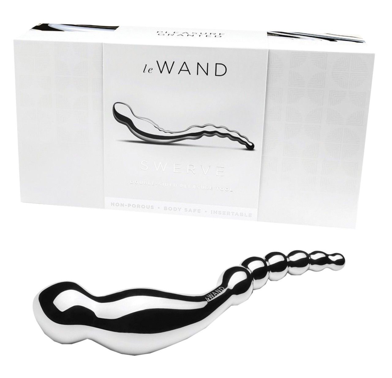 Wellness-Produkt und Verpackung. Produkt silberfarben, geschwungen. Verpackung mit Logo.