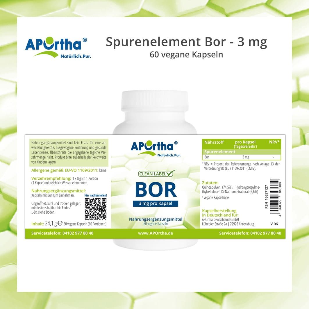 Weiße Flasche APOrtha® Bor Kapseln. Aufschrift: BOR 3 mg pro Kapsel. 60 vegane Kapseln. Text und Nährwerttabelle auf der Verpackung.